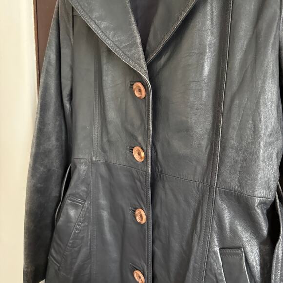 80s Vintage Emotion Dark Gray Leather Trench Coat with Belt | Small Retro - Picture 10 of 10